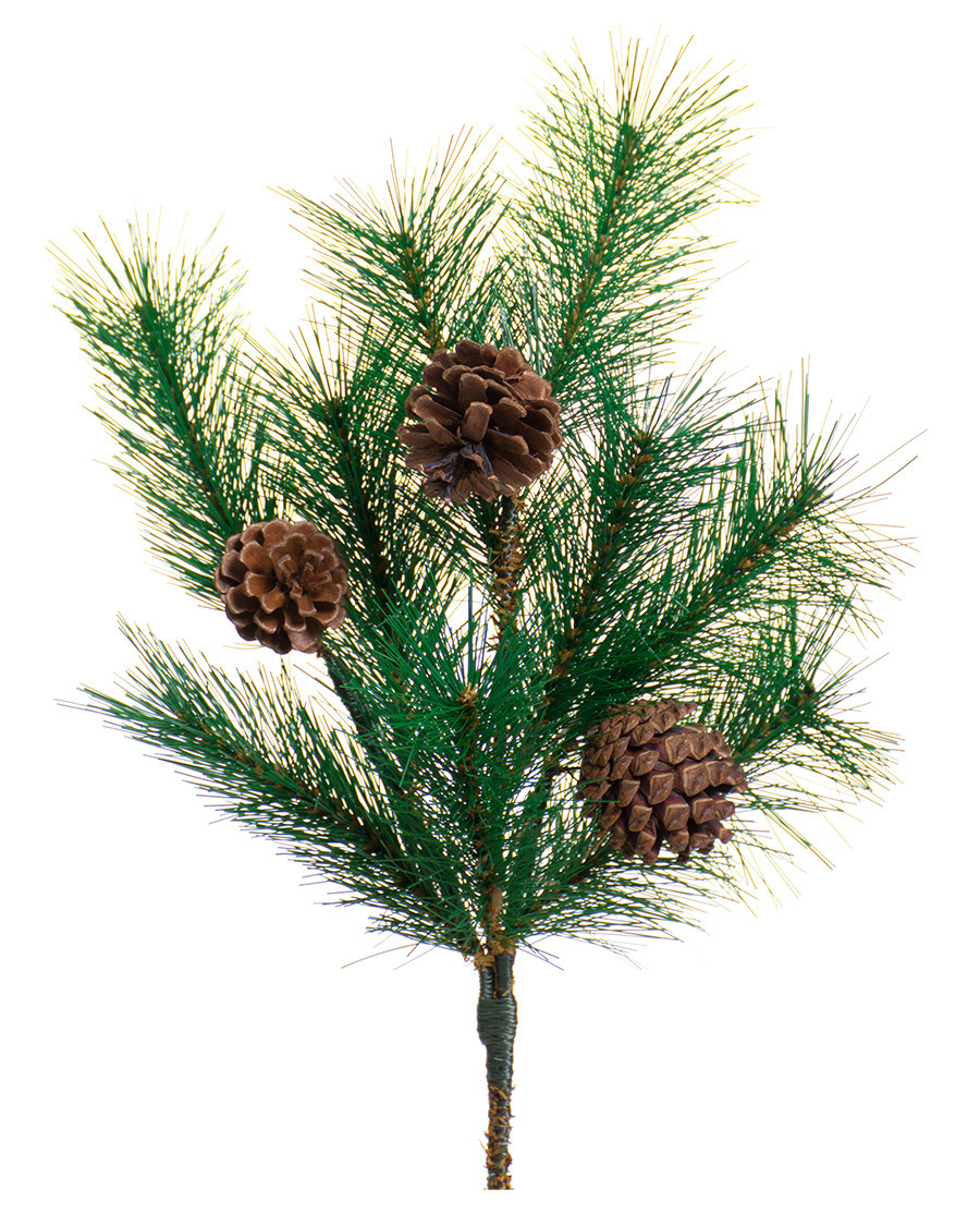 18" Artificial European Pine Foliage Stem with Cones