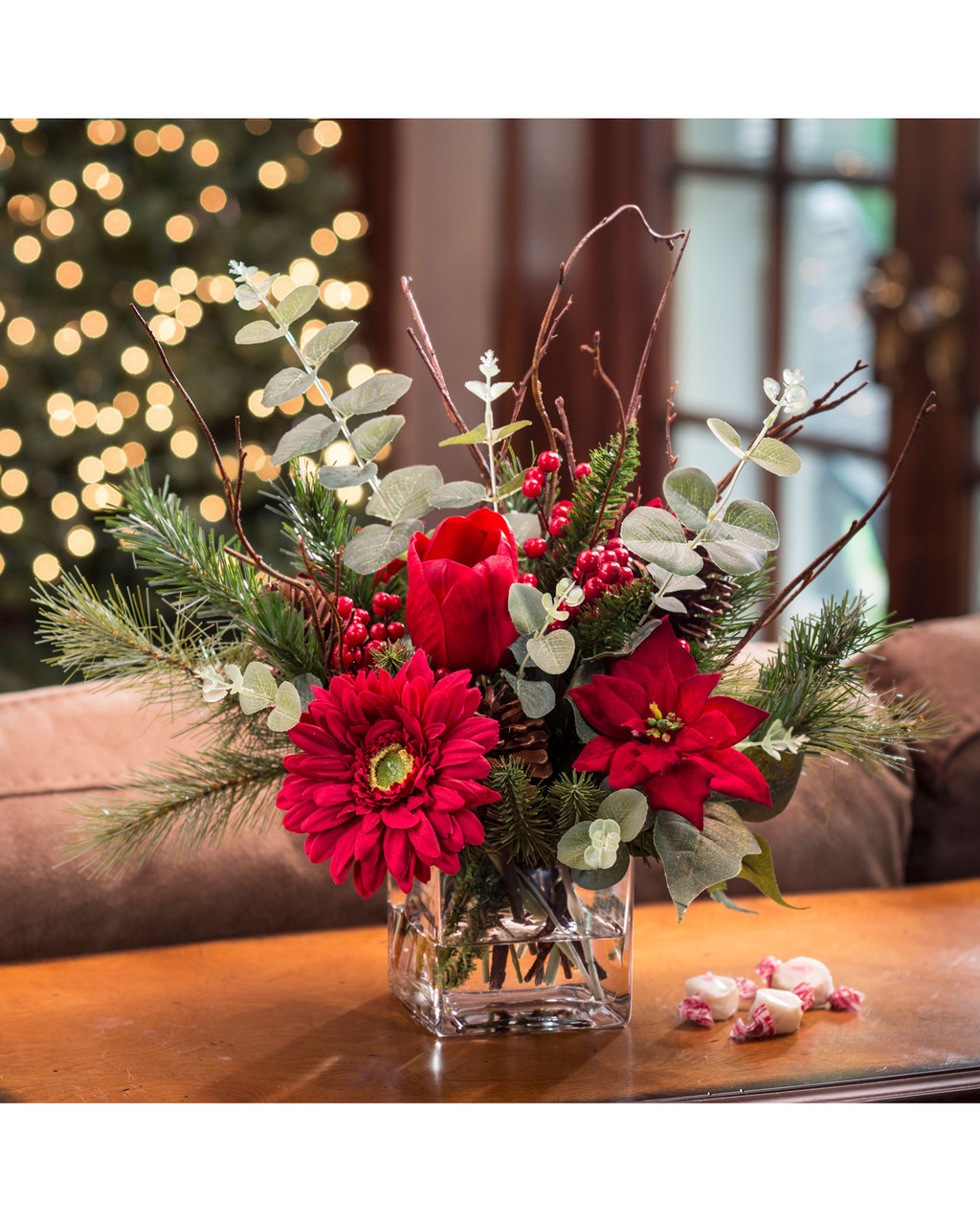 Daisy, Tulip & Poinsettia Silk Flower Accent