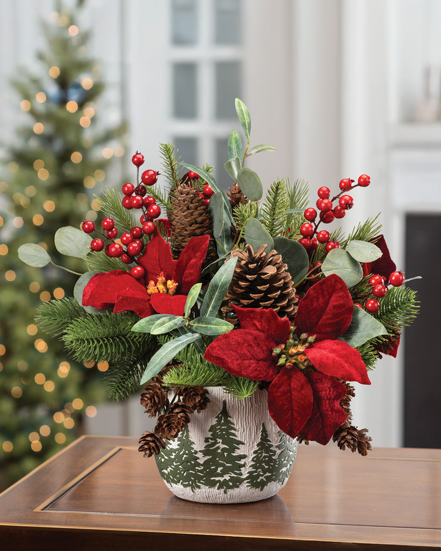 Plush Velvet Poinsettia, Pine & Berries Artificial Christmas Bouquet