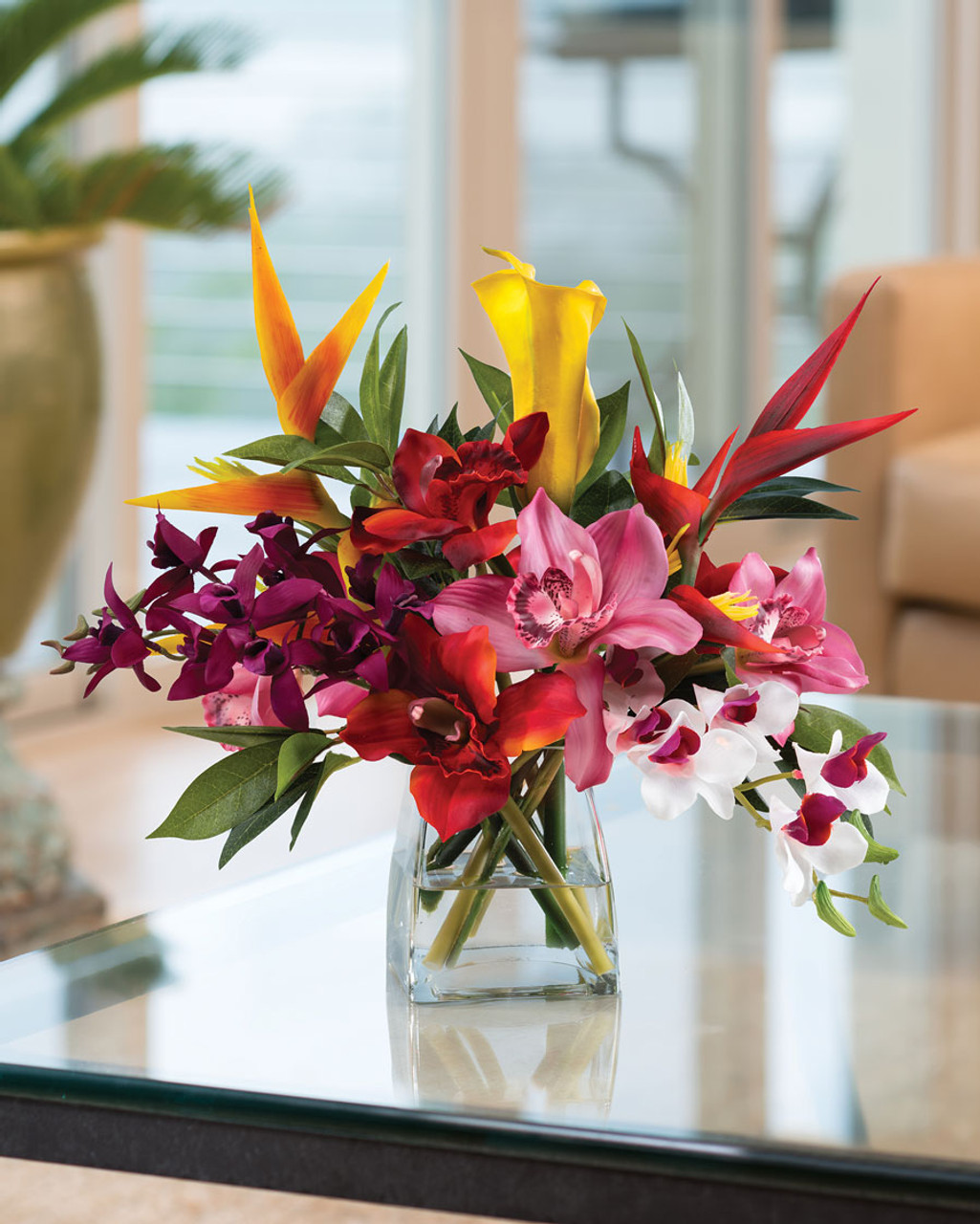 Faux Orchids & Heliconia Tropical Flower Arrangement