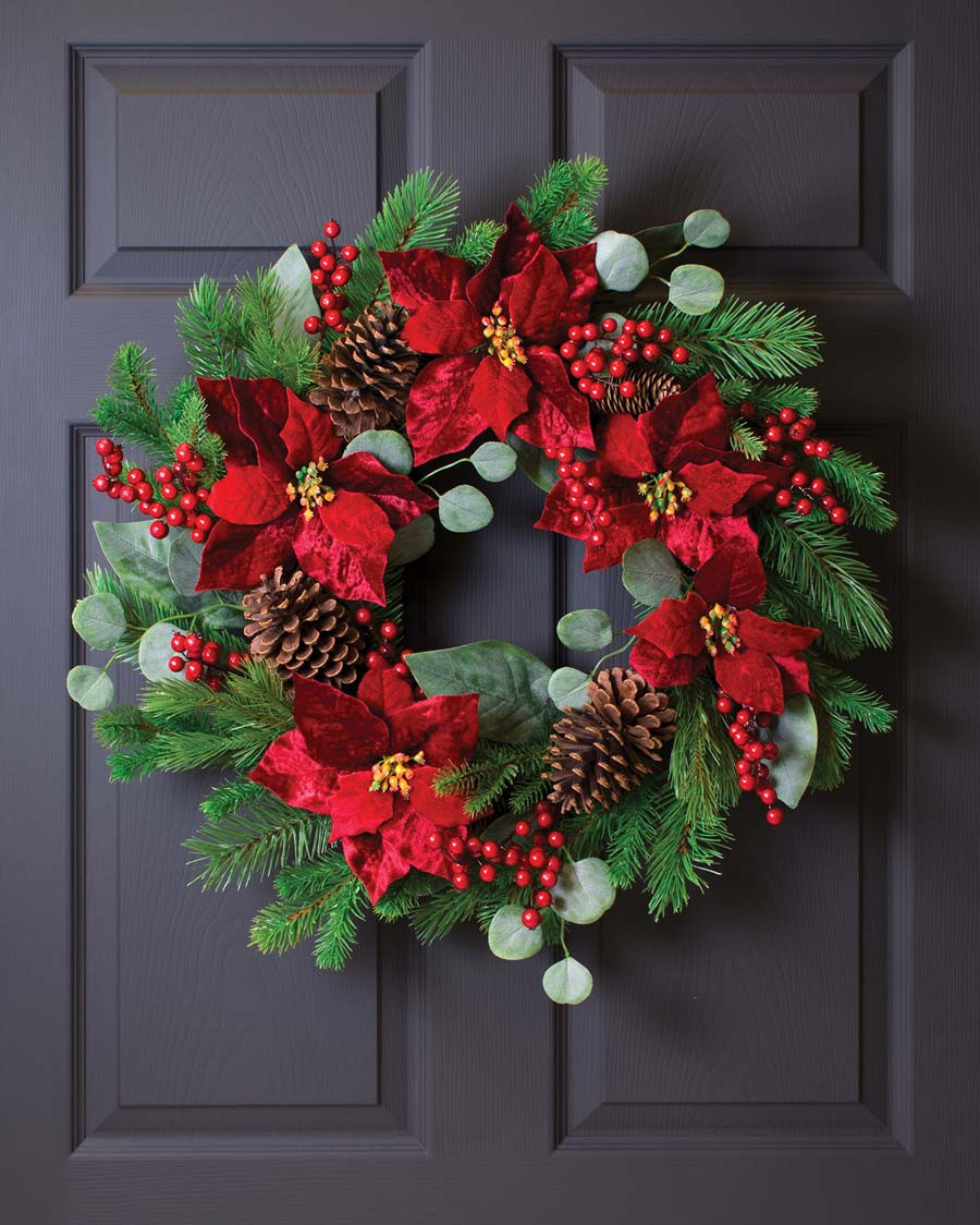 Plush Velvet Poinsettia, Pine & Berries Artificial Christmas Holiday Wreath