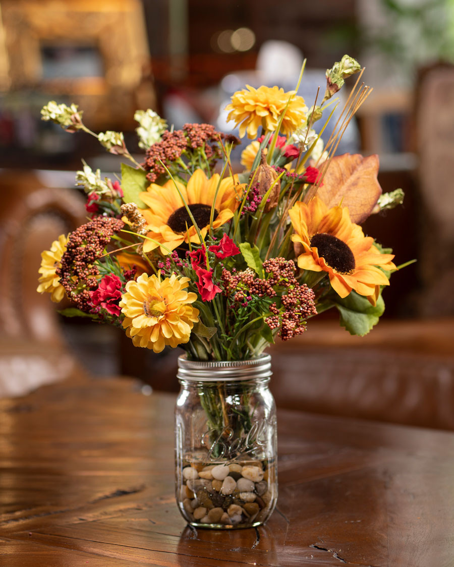 Sunflower & Zinnia Pint Jar Artificial Autumn Accent