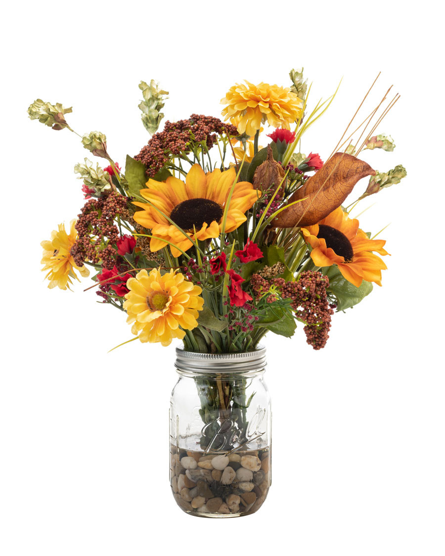 Sunflower & Zinnia Pint Jar Artificial Autumn Accent