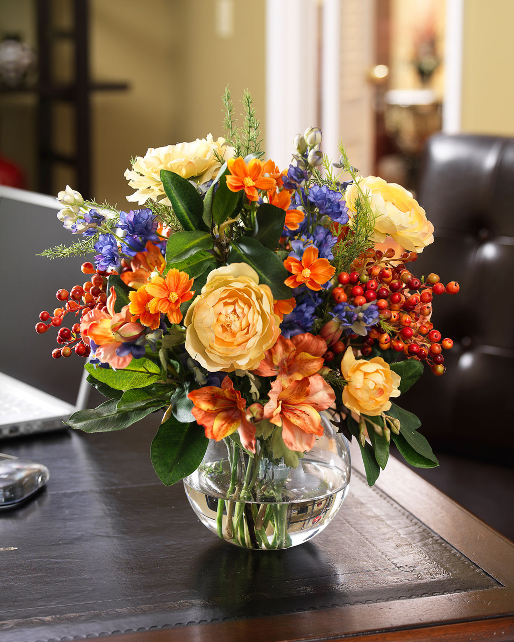 Coral & Blue Silk Flower Centerpiece