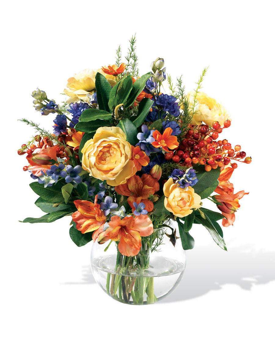 Coral & Blue Silk Flower Centerpiece