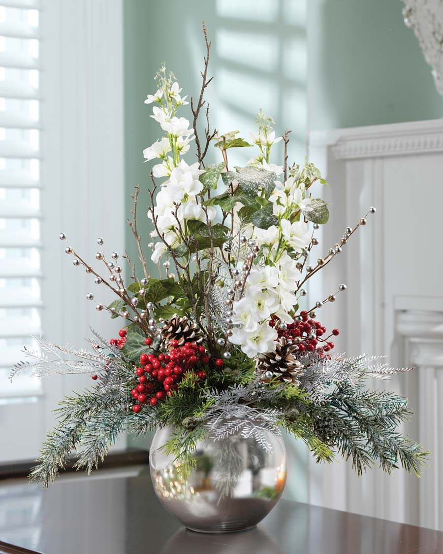 Delphinium, Berries & Iced Pine Artificial Holiday Arrangement
