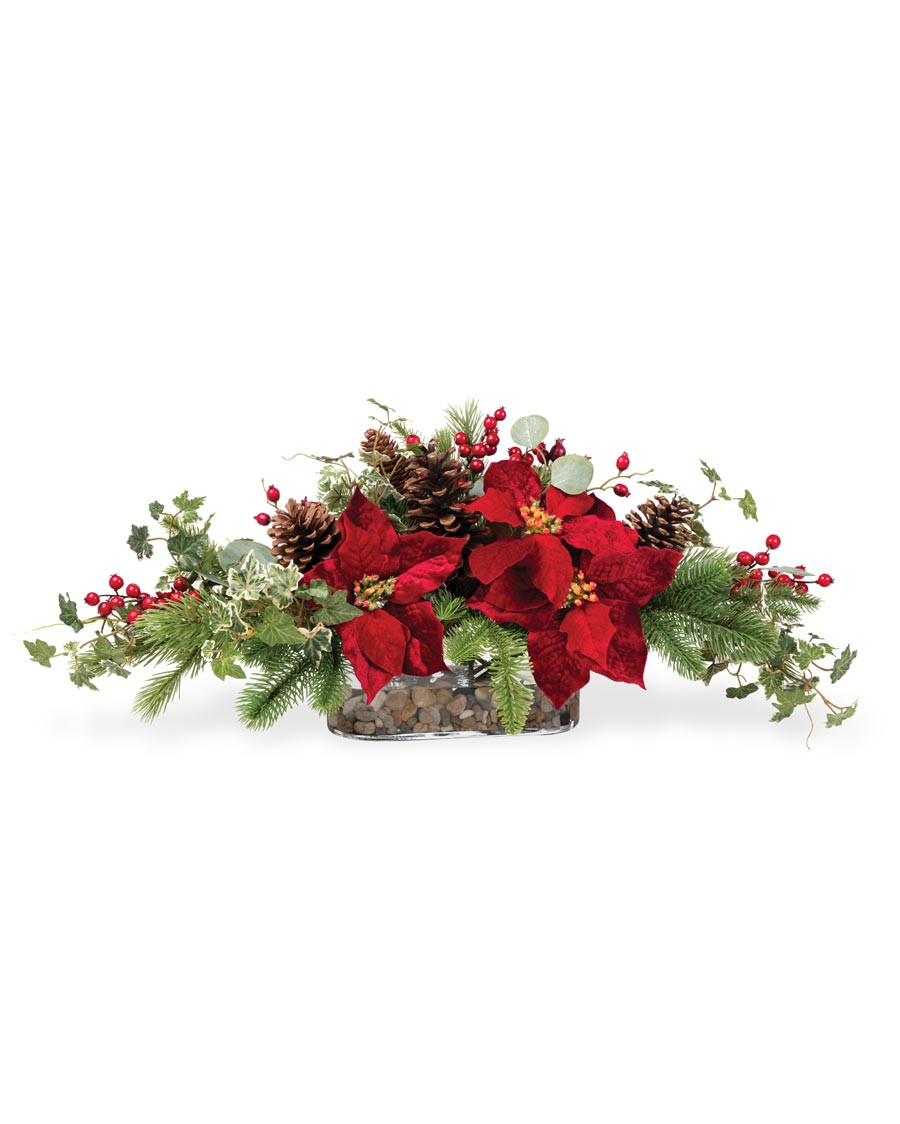 Plush Velvet Poinsettia, Pine & Berries Artificial Christmas Centerpiece
